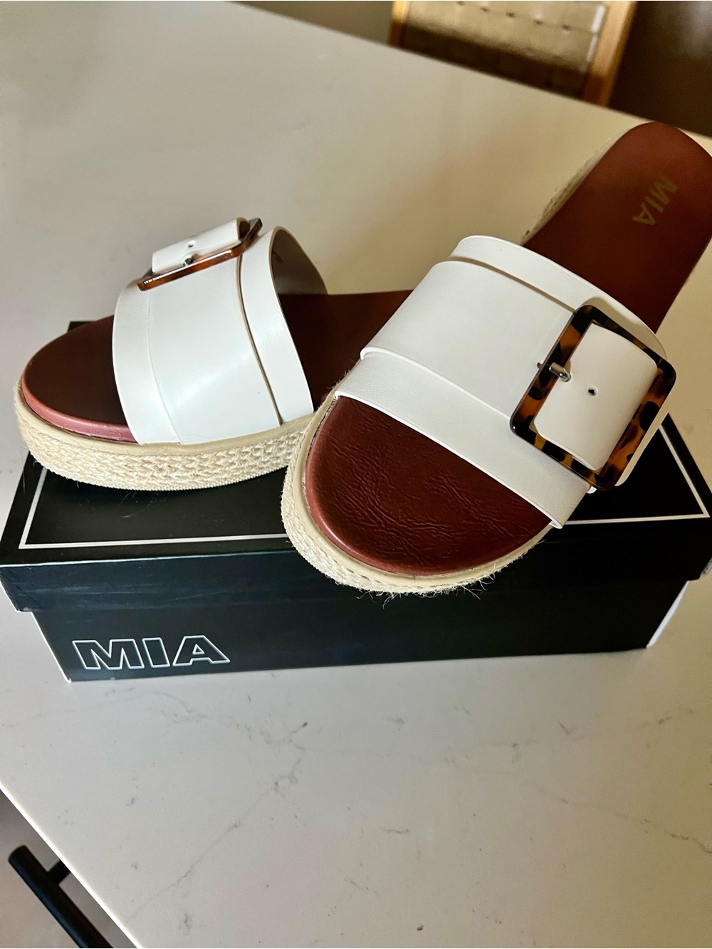 MIA White Slide Sandals with Tortoiseshell Buckle Accent